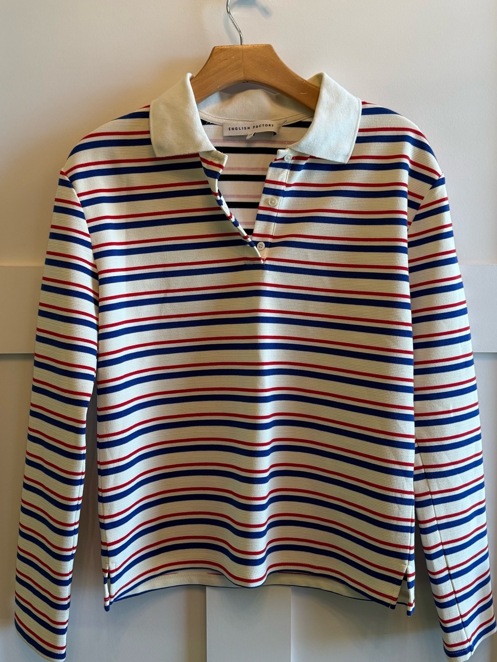 English Factory Cream Long Sleeve Polo with Red & Blue Stripes